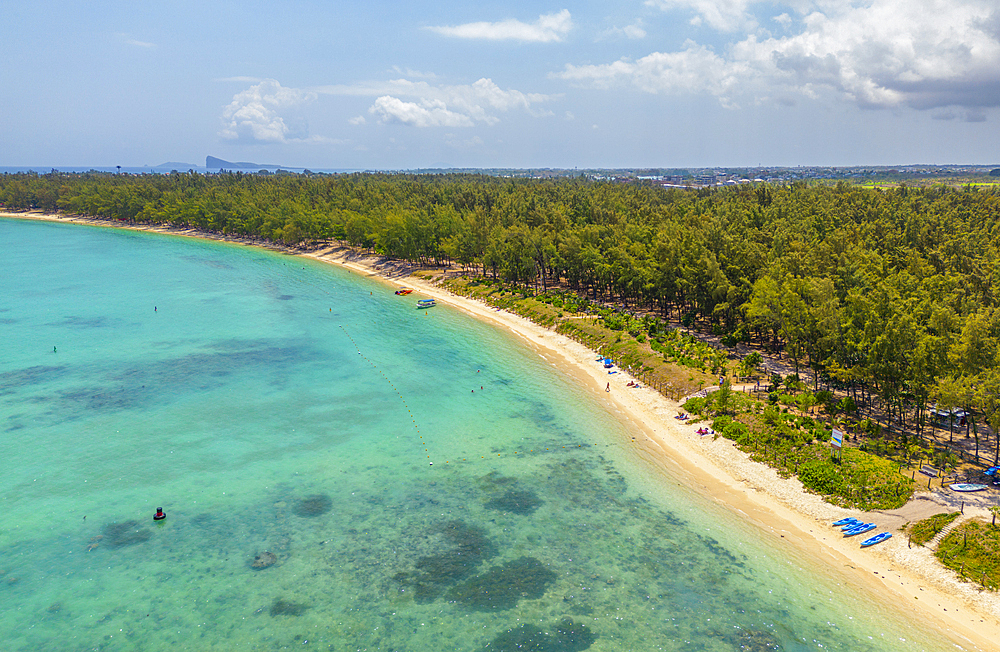 Aerial view of beach and turquoise water at Le Clos Choisy, Mauritius, Indian Ocean, Africa