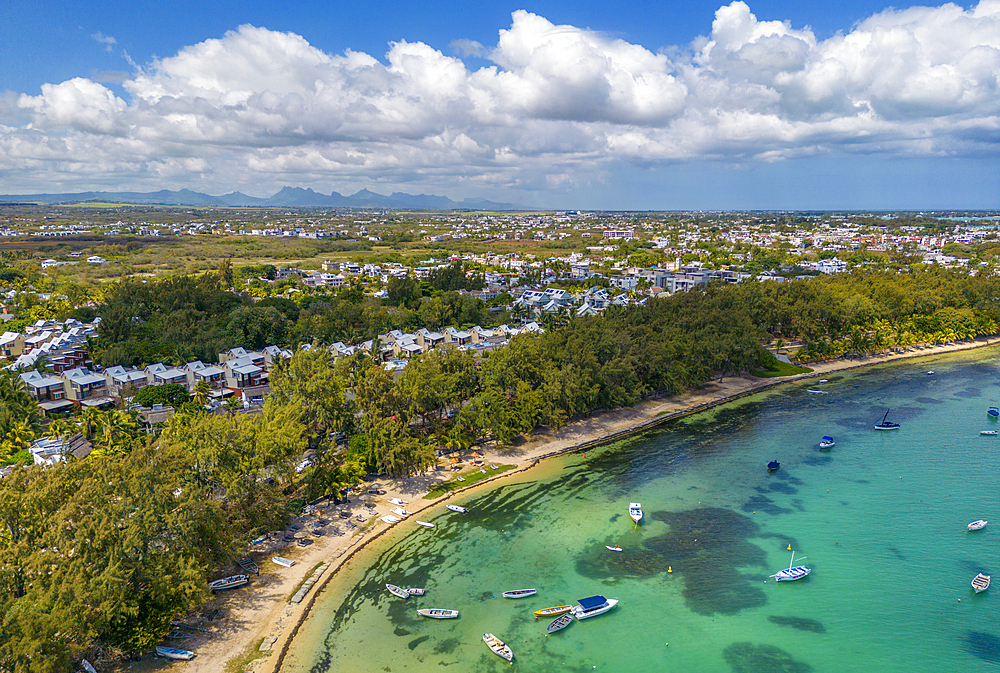 Aerial view of coastline, beach and turquoise water at Cap Malheureux, Mauritius, Indian Ocean, Africa