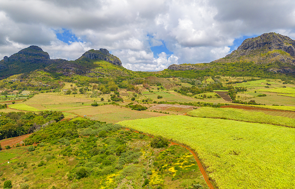 Aerial view of Long Mountain and fields at Long Mountain, Mauritius, Indian Ocean, Africa