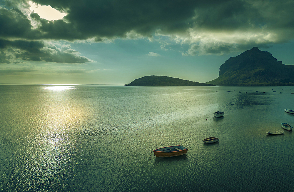 Aerial view of Le Morne and boats in Indian Ocean from Le Morne village, Mauritius, Indian Ocean, Africa