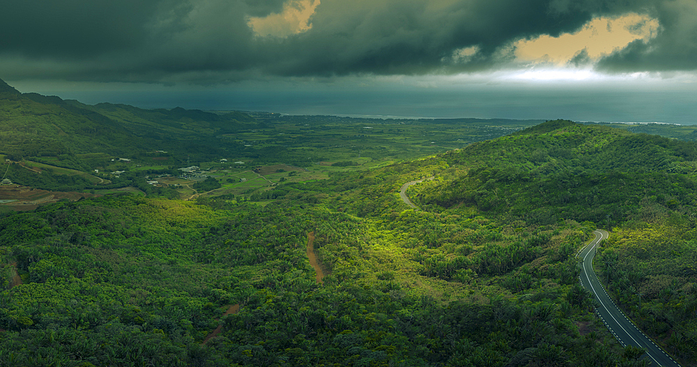 Aerial view of road through Black River Gorges National Park, Mauritius, Indian Ocean, Africa