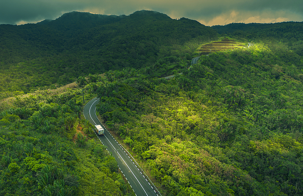 Aerial view of road through Black River Gorges National Park, Mauritius, Indian Ocean, Africa