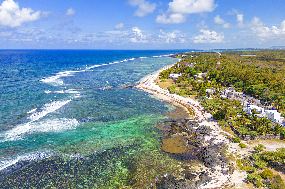 Aerial view of coastline near Poste La Fayette Public Beach, Mauritius, Indian Ocean, Africa