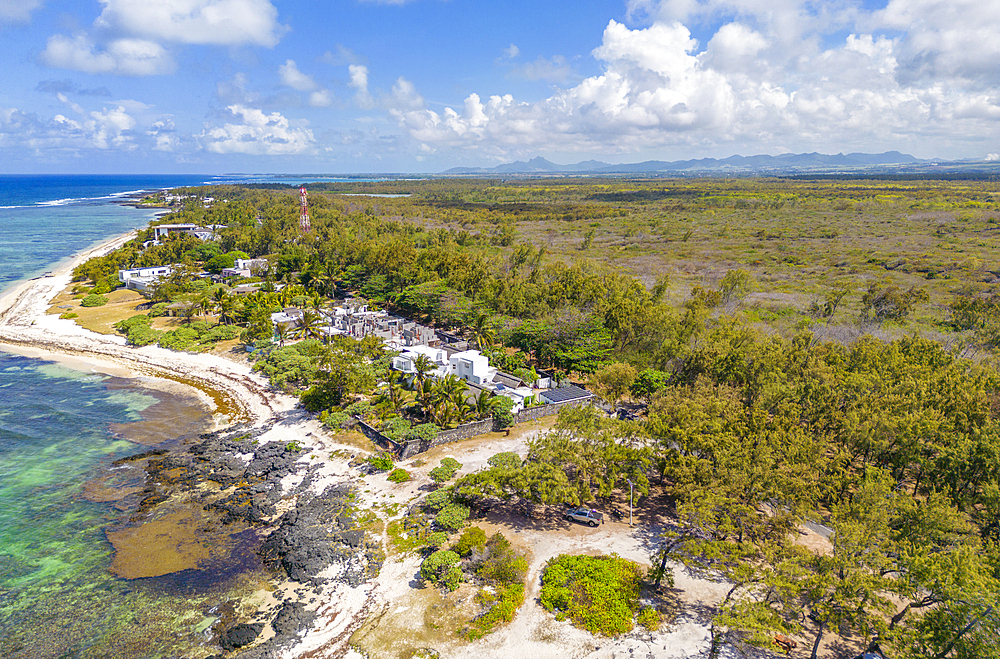 Aerial view of coastline near Poste La Fayette Public Beach, Mauritius, Indian Ocean, Africa