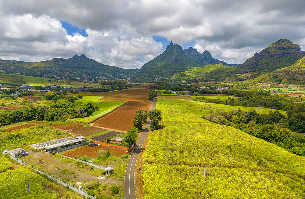 Aerial view of Long Mountain and fields at Long Mountain, Mauritius, Indian Ocean, Africa