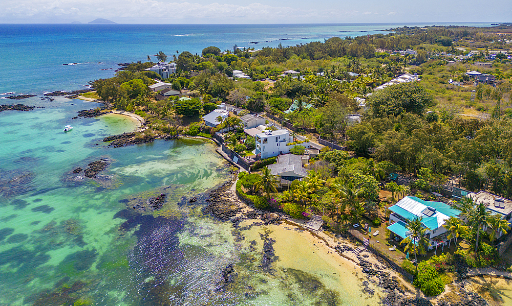 Aerial view of coastline, beach and turquoise water at Cap Malheureux, Mauritius, Indian Ocean, Africa