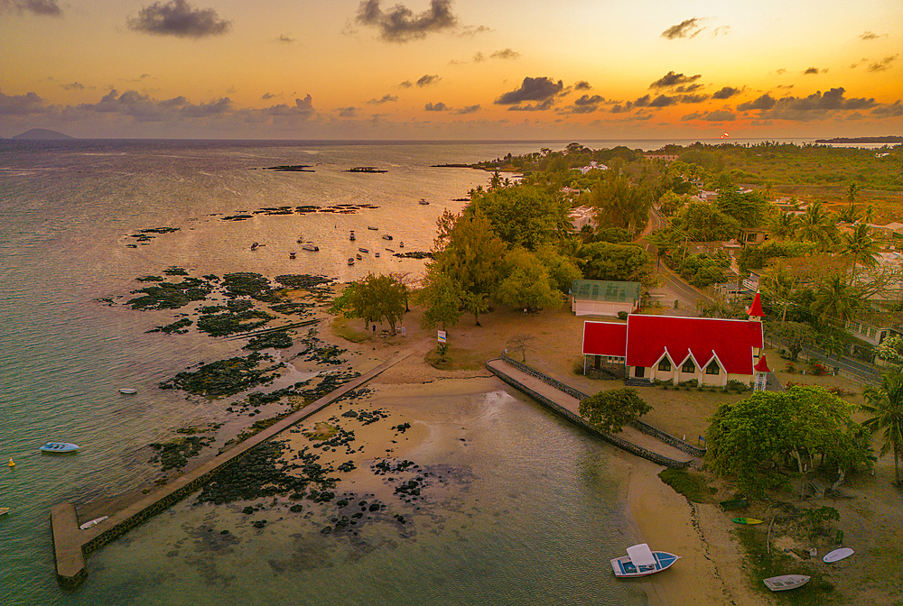 Aerial view of Notre-Dame Auxiliatrice de Cap Malheureux at sunrise, Cap Malheureux, Mauritius, Indian Ocean, Africa