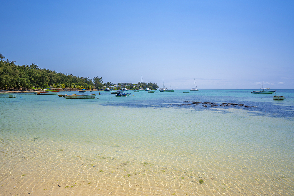 View of beach and turquoise Indian Ocean on sunny day in Cap Malheureux, Mauritius, Indian Ocean, Africa