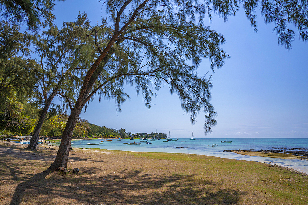 View of beach and turquoise Indian Ocean on sunny day in Cap Malheureux, Mauritius, Indian Ocean, Africa