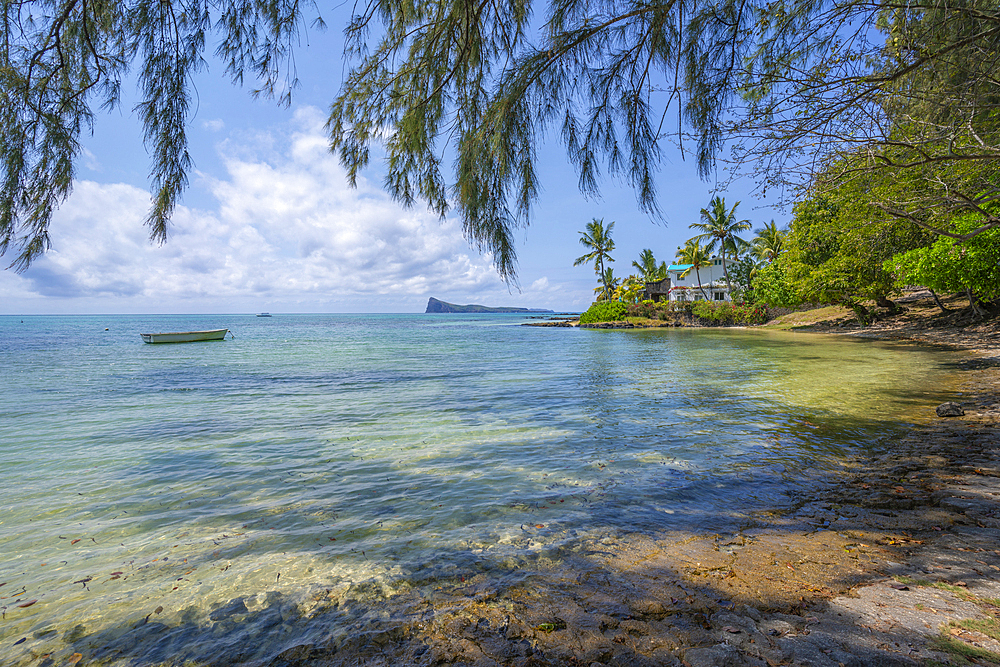 View of beach and turquoise Indian Ocean on sunny day in Cap Malheureux, Mauritius, Indian Ocean, Africa