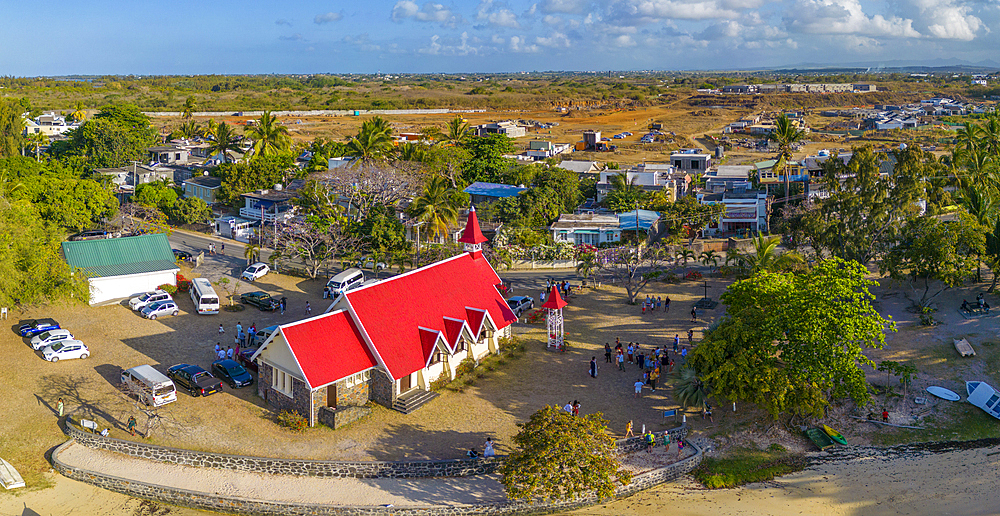 Aerial view of Notre-Dame Auxiliatrice de Cap Malheureux, Cap Malheureux, Mauritius, Indian Ocean, Africa