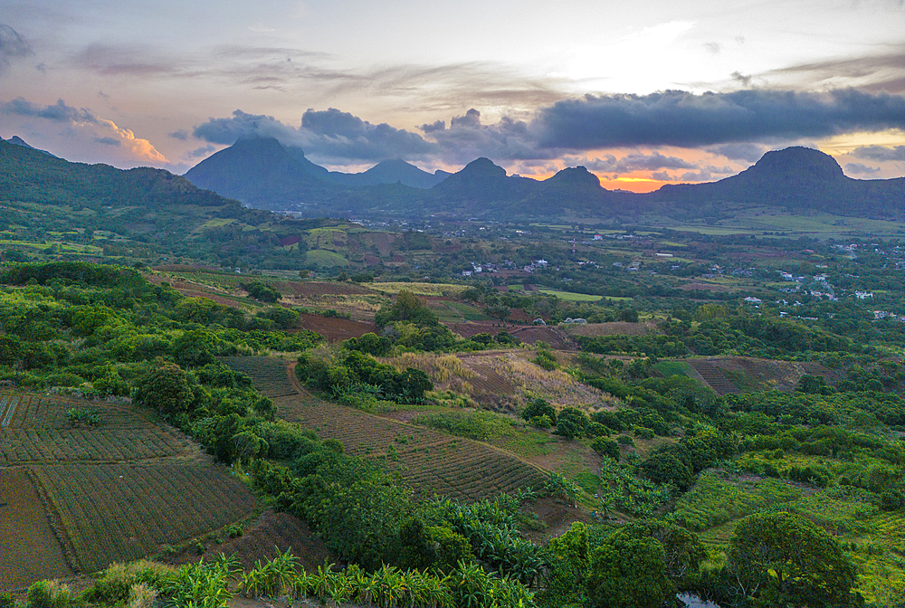 Aerial view of Long Mountain at sunset from near Congomah, Mauritius, Indian Ocean, Africa