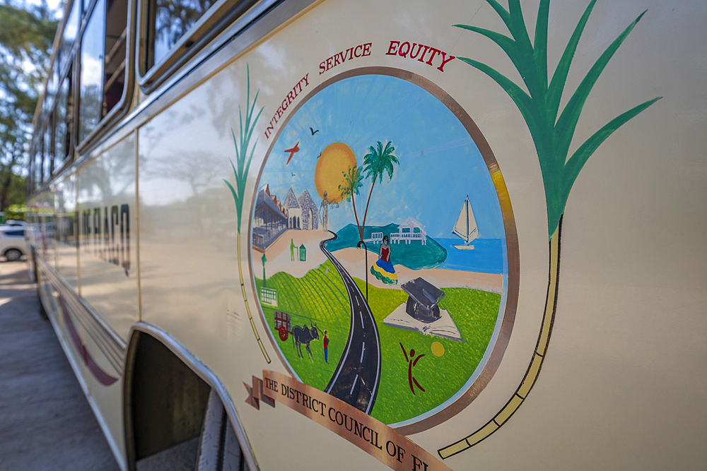 View of livery of local public transport in Cap Malheureux, Mauritius, Indian Ocean, Africa