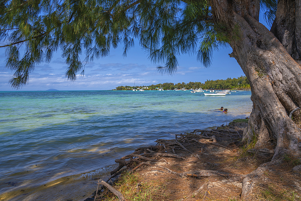 View of beach and turquoise Indian Ocean on sunny day in Cap Malheureux, Mauritius, Indian Ocean, Africa