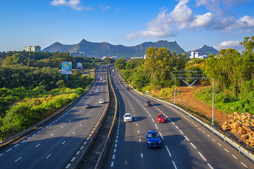 View of motorway and mountains near Quatre Bornes, Mauritius, Indian Ocean, Africa