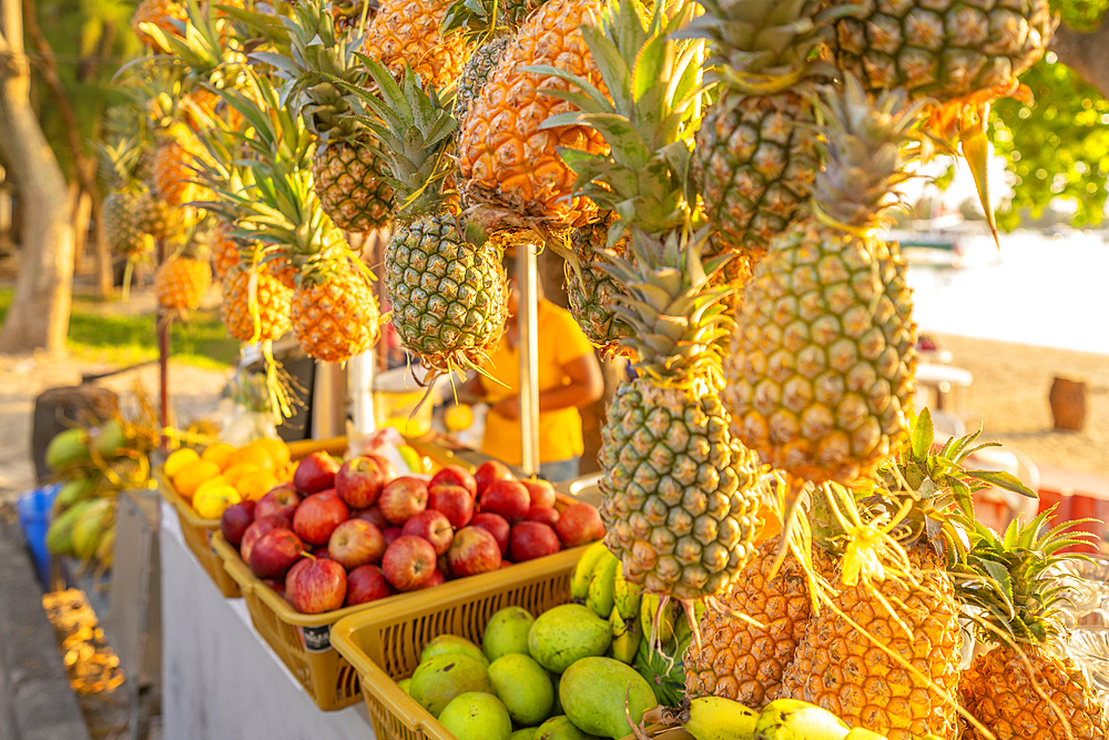 View of pineapples and apples on fruit stall in Grand Bay at golden hour, Mauritius, Indian Ocean, Africa