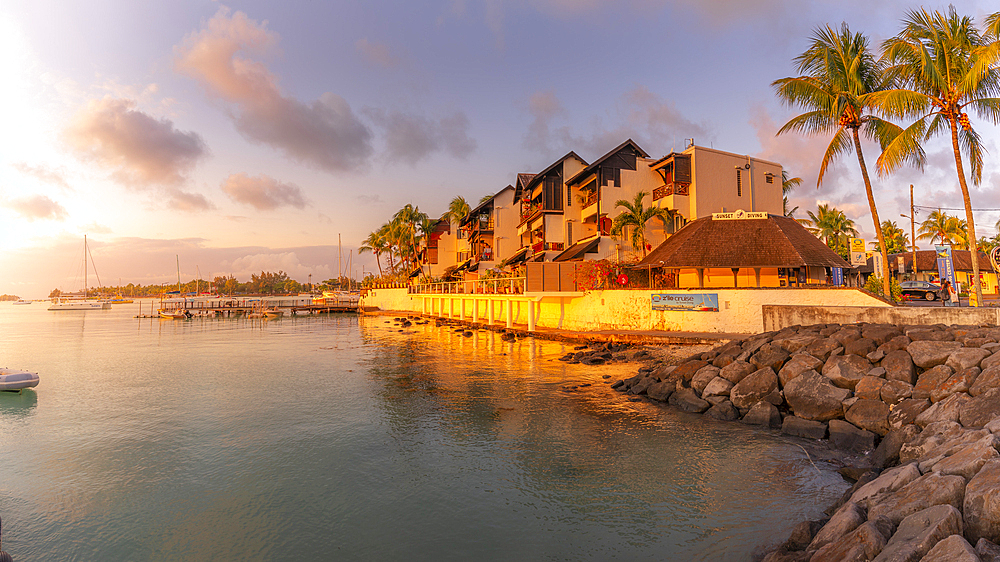 View of waterside apartments in Grand Bay at sunset, Mauritius, Indian Ocean, Africa