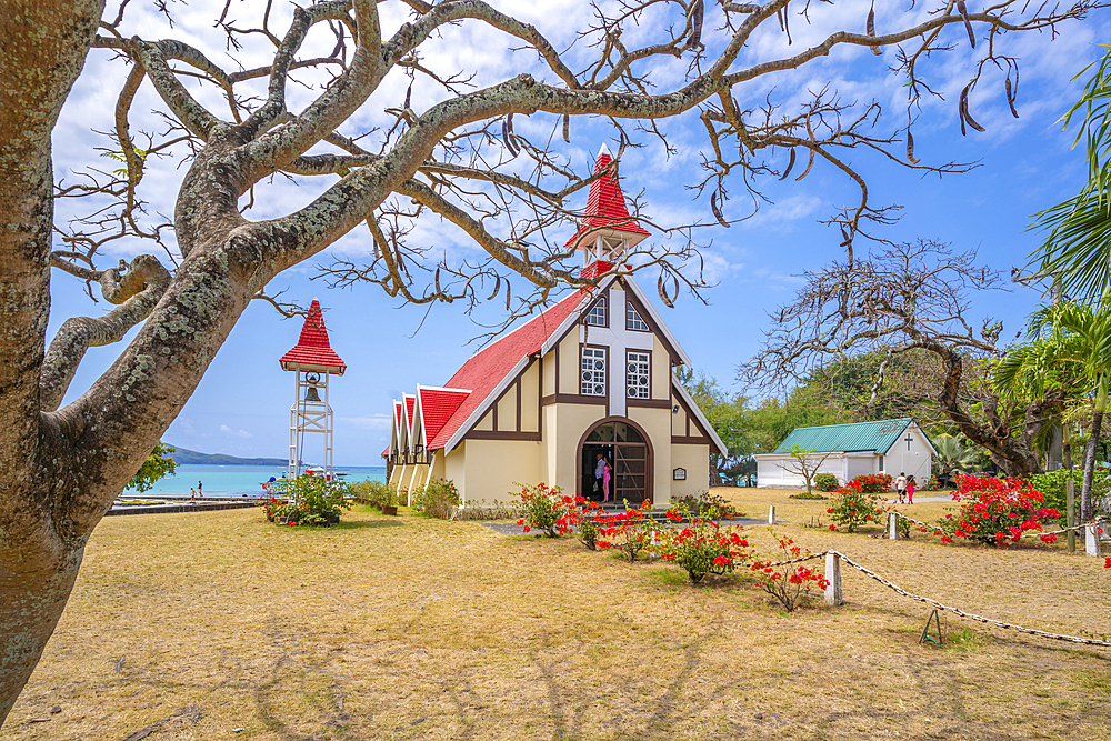 View of Notre-Dame Auxiliatrice de Cap Malheureux on sunny day in Cap Malheureux, Mauritius, Indian Ocean, Africa