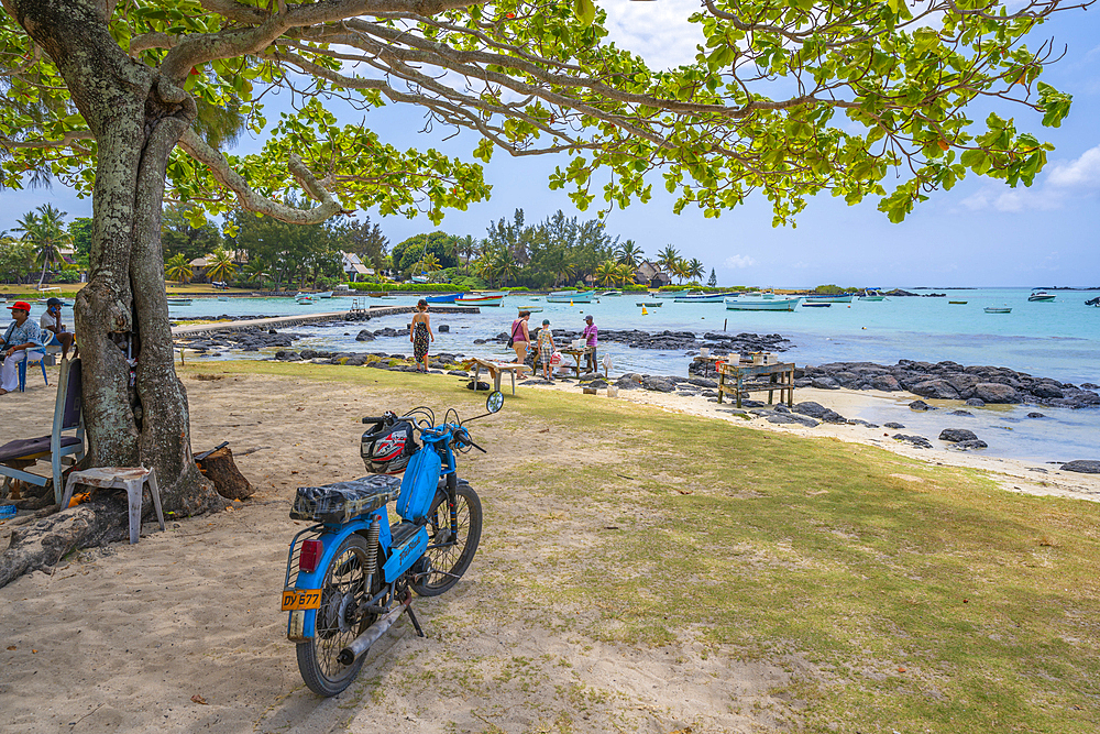 View of beach and traders on sunny day in Cap Malheureux, Mauritius, Indian Ocean, Africa