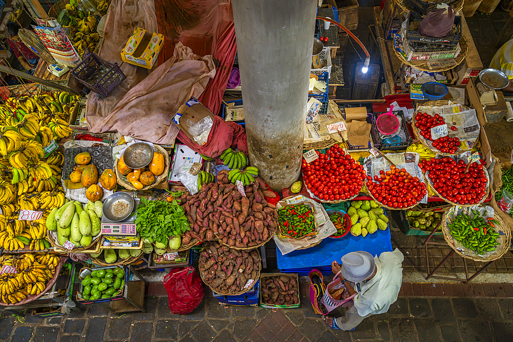 View of food produce and market stalls in Central Market in Port Louis, Port Louis, Mauritius, Indian Ocean, Africa