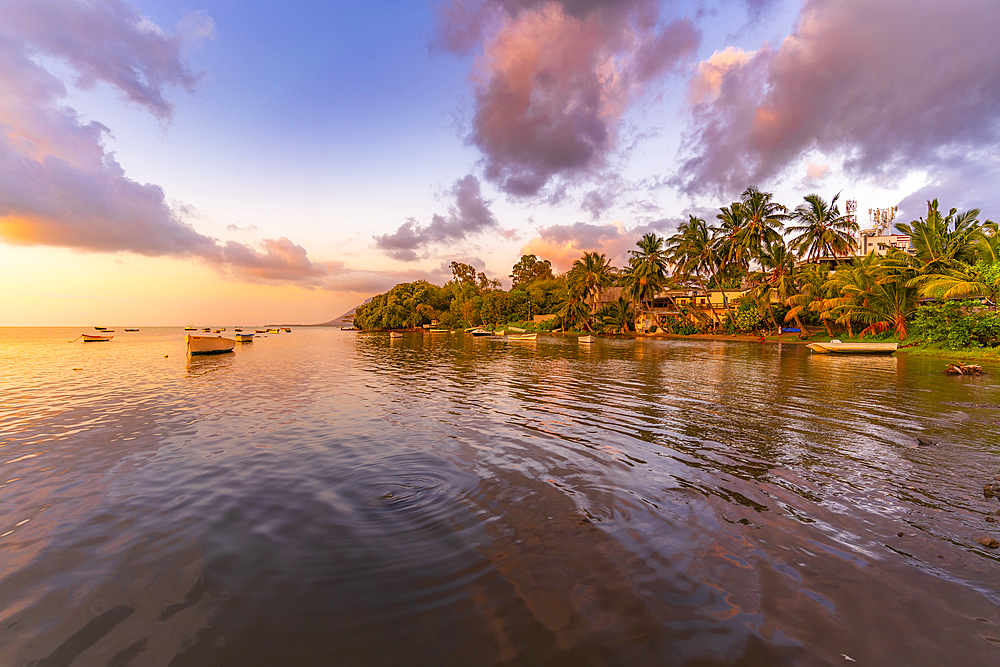 View of Case Noyale at sunset, Le Morne, Riviere Noire District, Mauritius, Indian Ocean, Africa