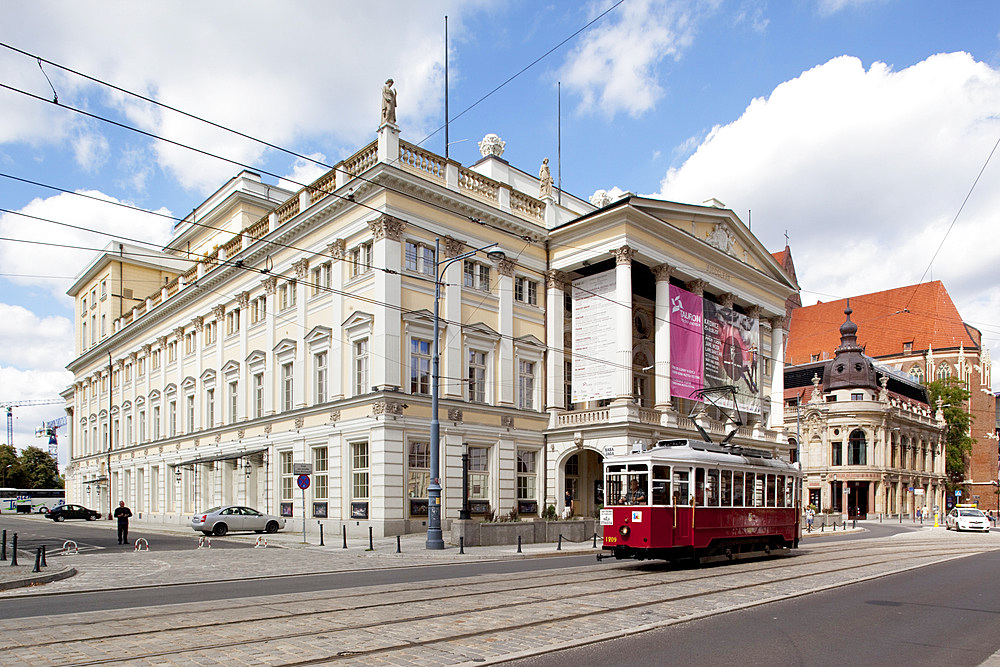 Opera House and city tram, Old Town, Wroclaw, Silesia, Poland, Europe