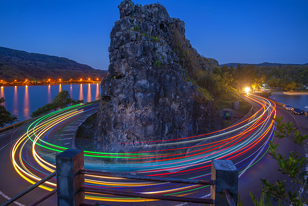 View of trail lights at Baie du Cap from Maconde Viewpoint at dusk, Savanne District, Mauritius, Indian Ocean, Africa