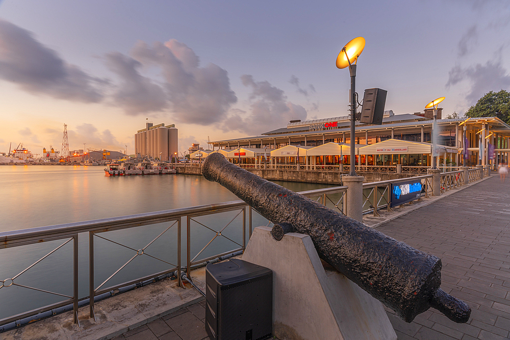 View of Caudan Waterfront in Port Louis at dusk, Port Louis, Mauritius, Indian Ocean, Africa