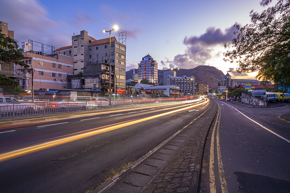 View of trail lights and city skyline in Port Louis at dusk, Port Louis, Mauritius, Indian Ocean, Africa