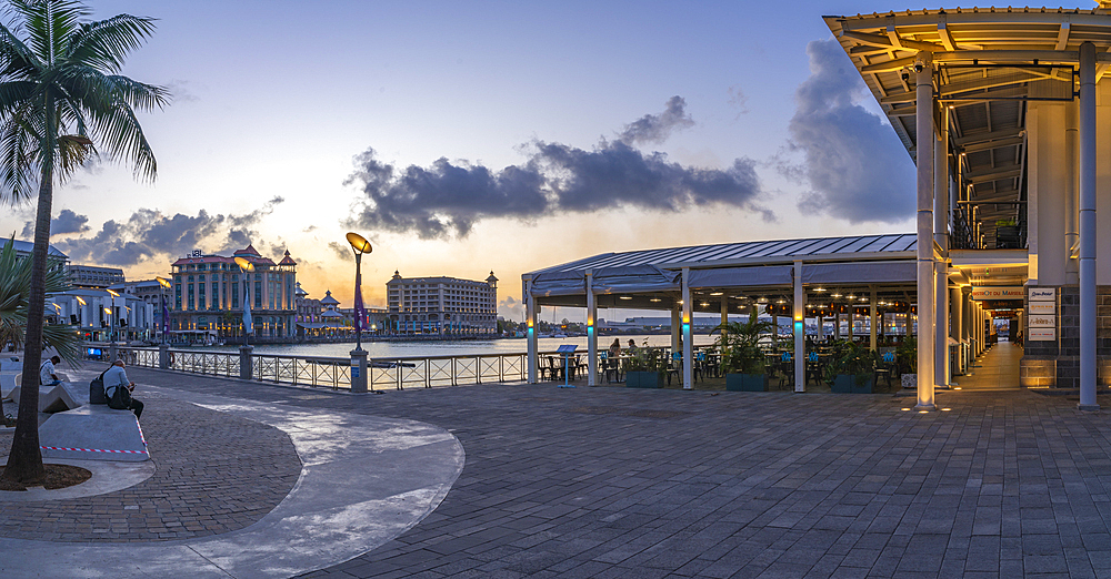 View of Caudan Waterfront in Port Louis at dusk, Port Louis, Mauritius, Indian Ocean, Africa