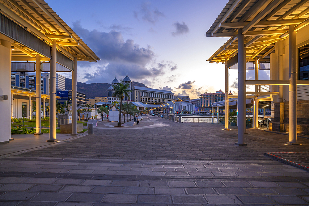 View of Caudan Waterfront in Port Louis at dusk, Port Louis, Mauritius, Indian Ocean, Africa