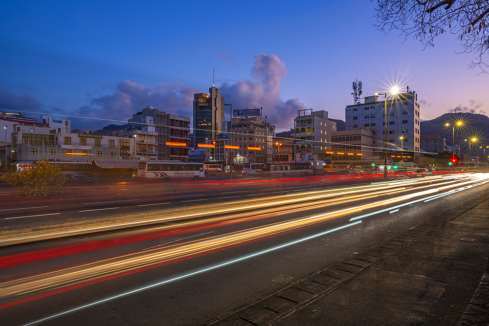 View of trail lights and city skyline in Port Louis at dusk, Port Louis, Mauritius, Indian Ocean, Africa