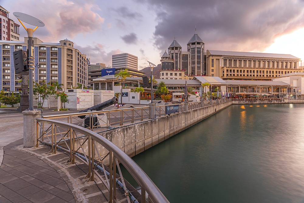 View of Caudan Waterfront in Port Louis at dusk, Port Louis, Mauritius, Indian Ocean, Africa