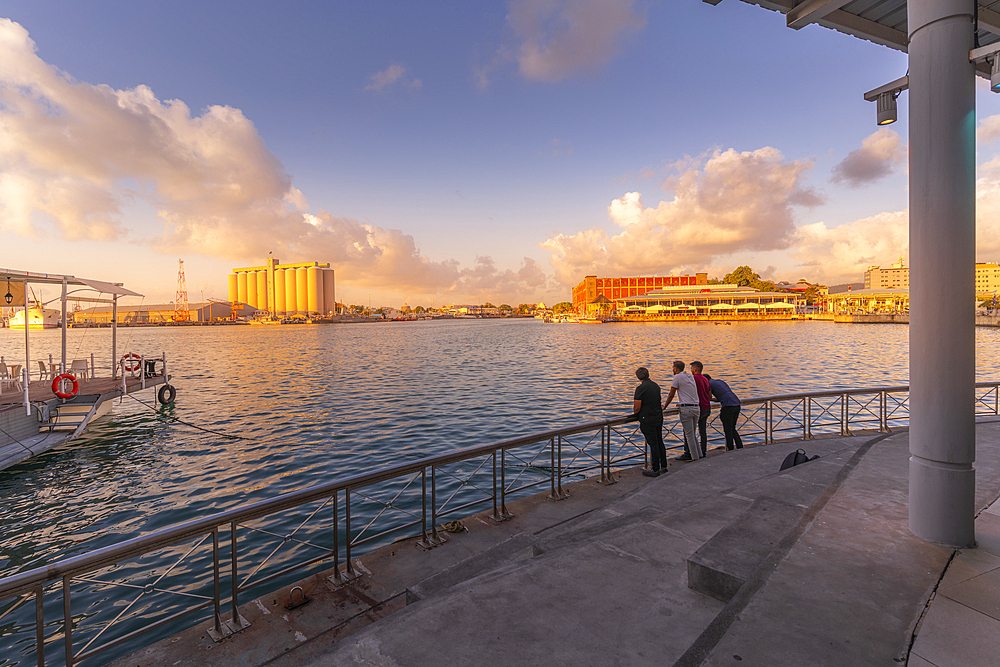 View of Caudan Waterfront in Port Louis at sunset, Port Louis, Mauritius, Indian Ocean, Africa