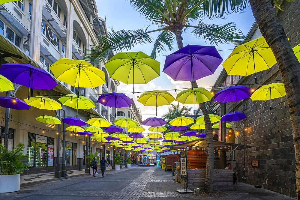 View of Umbrella Square in Caudan Waterfront in Port Louis at sunset, Port Louis, Mauritius, Indian Ocean, Africa