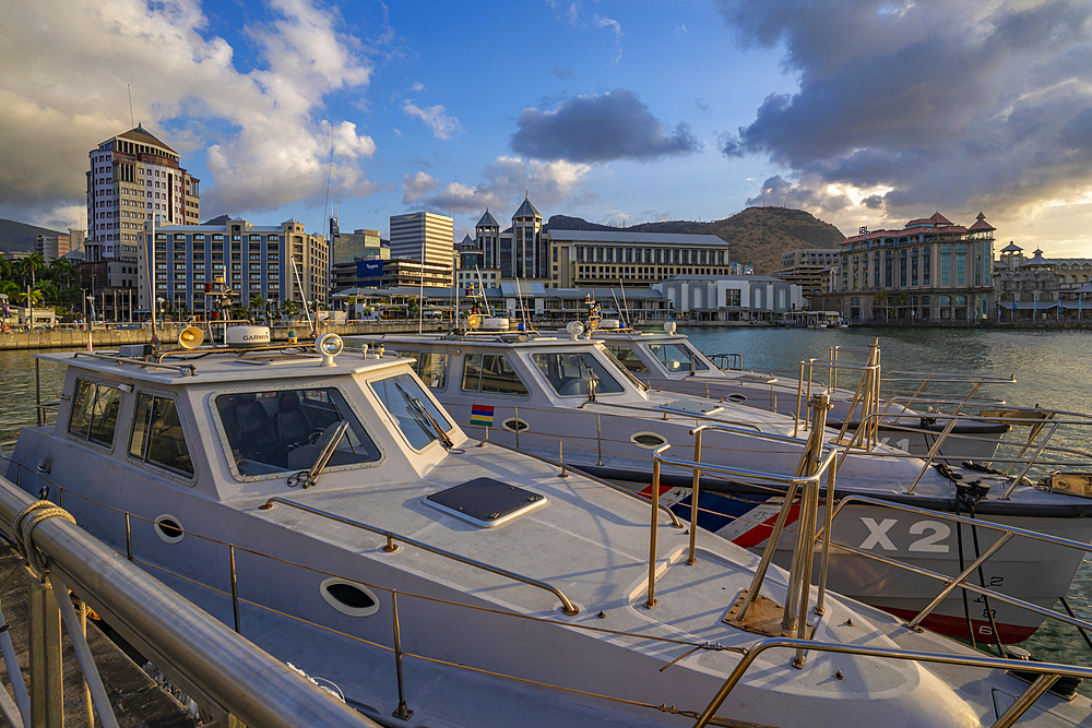 View of Caudan Waterfront in Port Louis, Port Louis, Mauritius, Indian Ocean, Africa