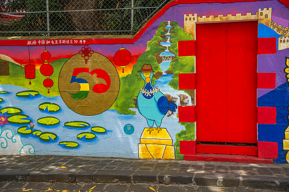 View of wall art at Chinese Embassy, Chinatown, Port Louis, Mauritius, Indian Ocean, Africa