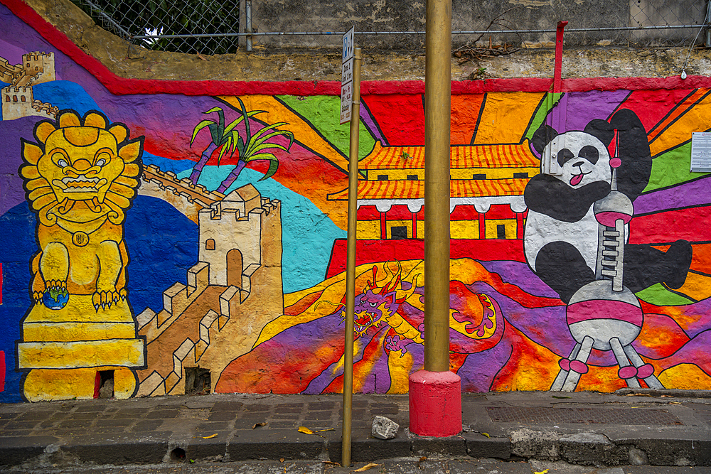 View of wall art at Chinese Embassy, Chinatown, Port Louis, Mauritius, Indian Ocean, Africa