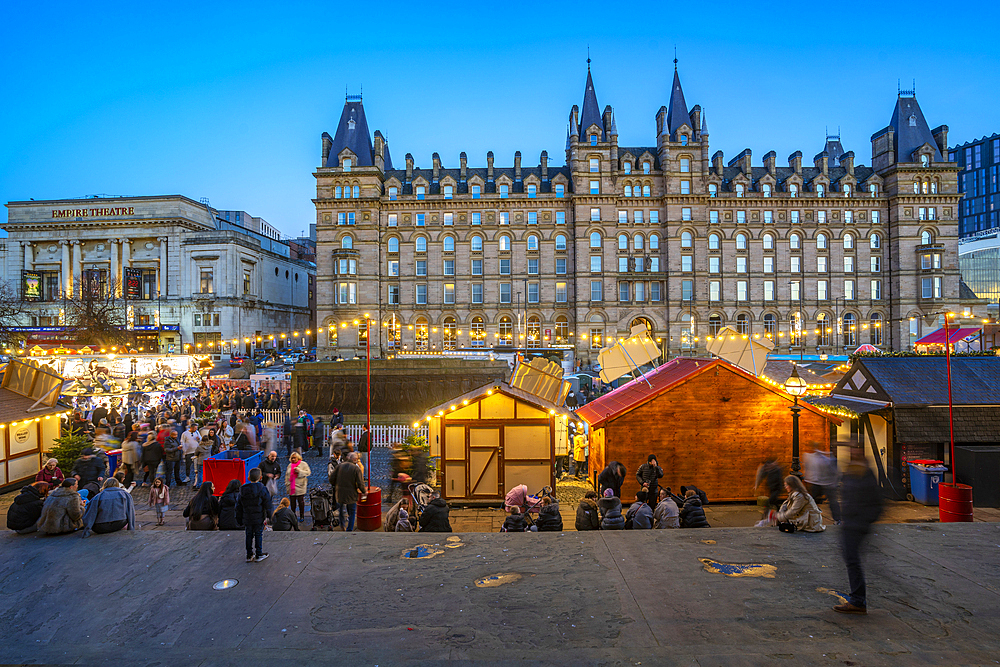 View of Christmas Market from St. Georges Hall, Liverpool City Centre, Liverpool, Merseyside, England, United Kingdom, Europe