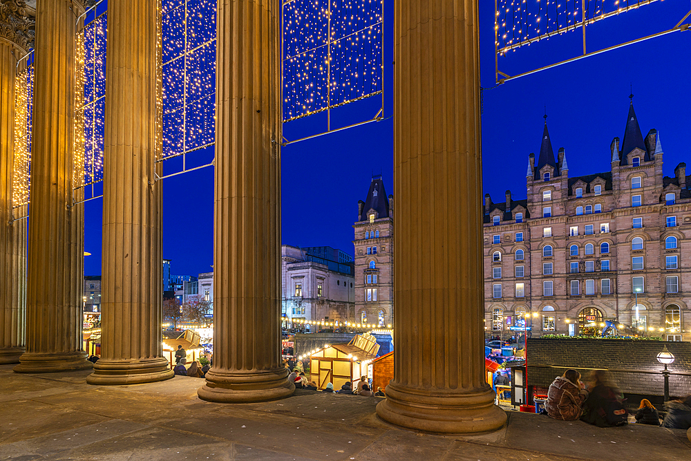 View of Christmas Market from St. Georges Hall, Liverpool City Centre, Liverpool, Merseyside, England, United Kingdom, Europe