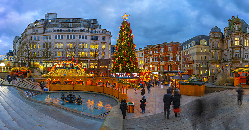 View of Christmas Market stalls and Christmas tree in Victoria Square, Birmingham, West Midlands, England, United Kingdom, Europe