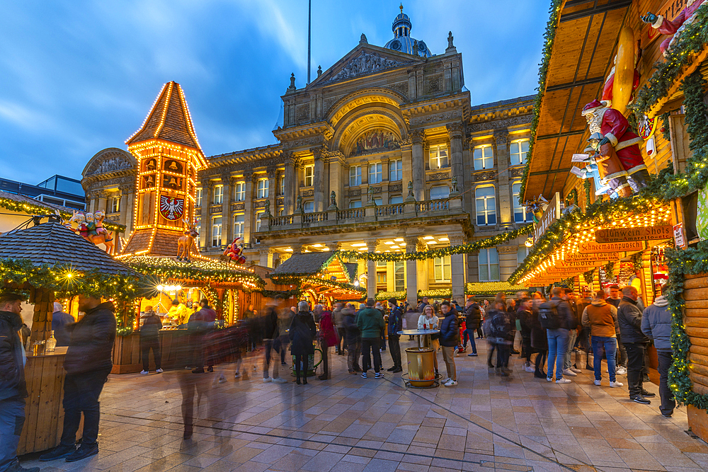 View of Christmas Market stalls in Victoria Square, Birmingham, West Midlands, England, United Kingdom, Europe