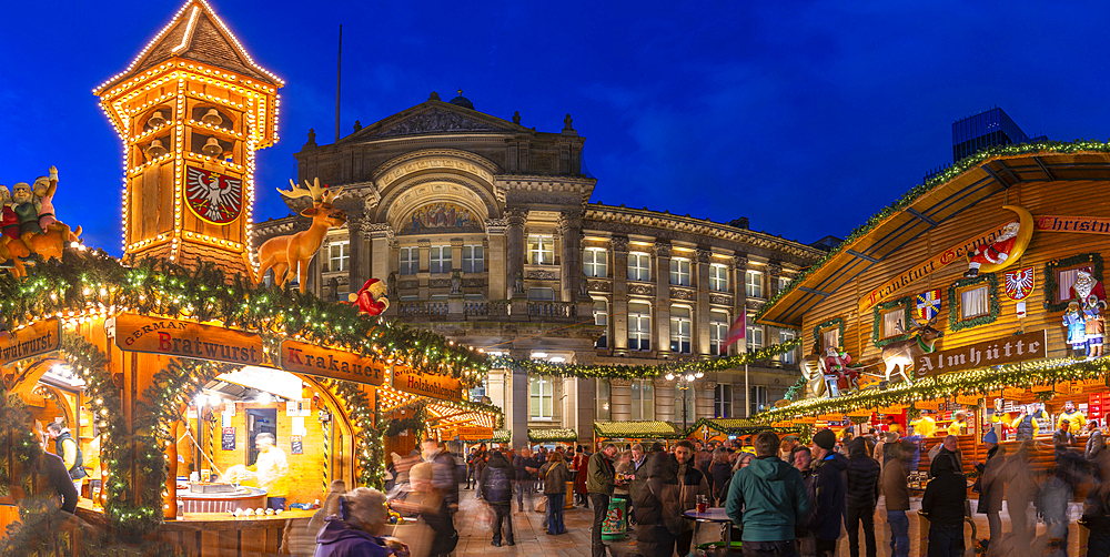 View of Christmas Market stalls in Victoria Square at dusk, Birmingham, West Midlands, England, United Kingdom, Europe