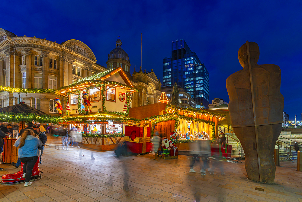 View of Christmas Market stalls in Victoria Square at dusk, Birmingham, West Midlands, England, United Kingdom, Europe