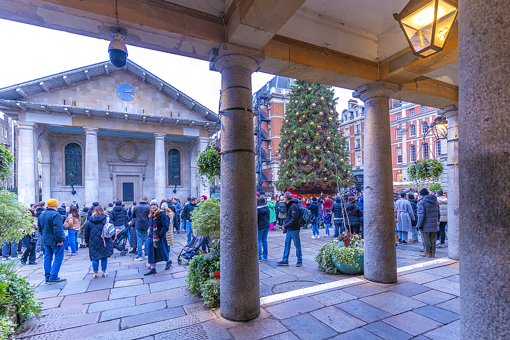 View of St. Paul's Church from the Apple Market at Christmas, Covent Garden, London, England, United Kingdom, Europe