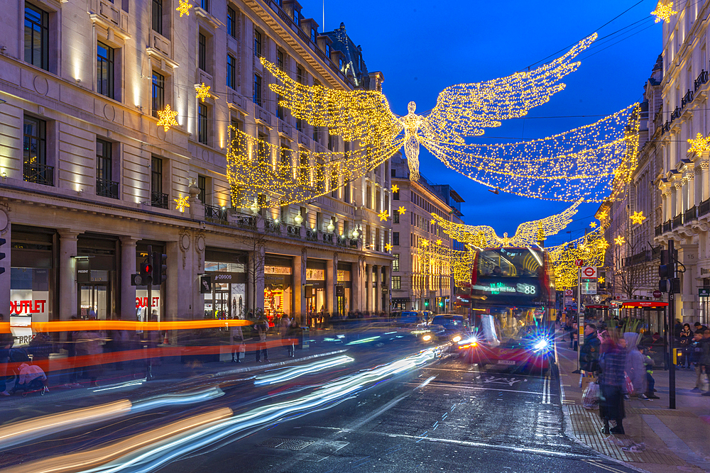 View of Regent Street shops and lights at Christmas, Westminster, London, England, United Kingdom, Europe