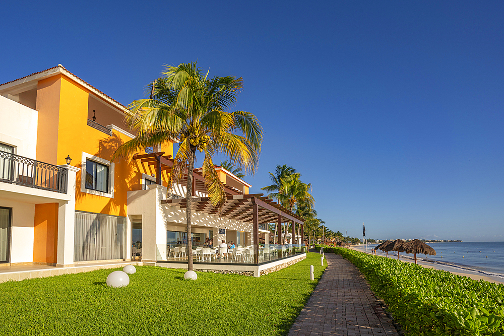 View of hotel and beach near Puerto Morelos, Caribbean Coast, Yucatan Peninsula, Mexico, North America