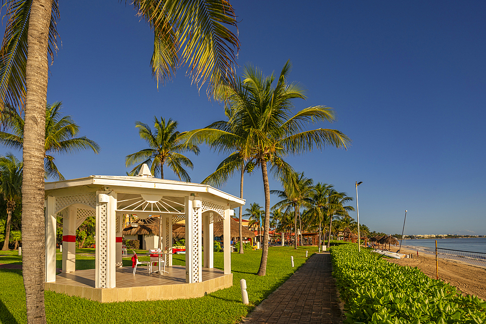 View of hotel wedding bandstand and beach near Puerto Morelos, Caribbean Coast, Yucatan Peninsula, Mexico, North America