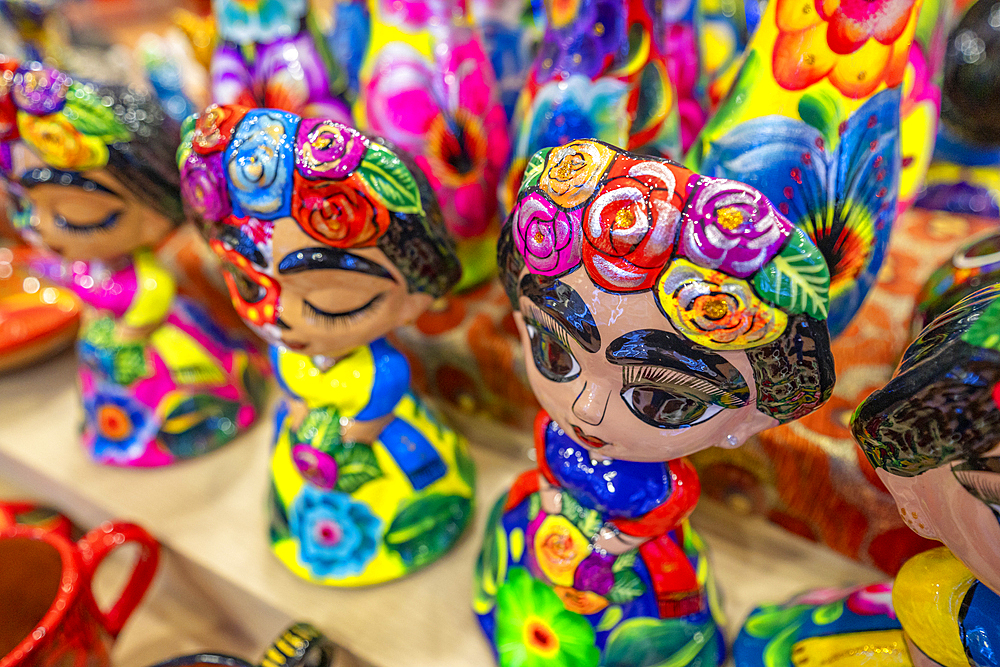 View of colourful pottery souvenirs, Hotel Zone, Cancun, Caribbean Coast, Yucatan Peninsula, Mexico, North America