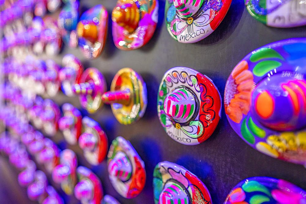 View of colourful Mexican Sombrero souvenirs, Hotel Zone, Cancun, Caribbean Coast, Yucatan Peninsula, Mexico, North America